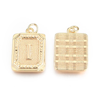 Brass Pendants, with Jump Rings, Cadmium Free & Nickel Free & Lead Free, Rectangle with Letter, Real 18K Gold Plated, Letter.I, 22.5x16x2mm, Jump Ring: 5x1mm, 3mm inner diameter