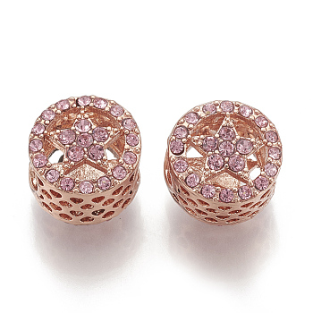 Alloy Rhinestone European Beads, Hollow, Large Hole Beads, Flat Round with Star, Rose Gold, Rose, 12x11x9mm, Hole: 5mm