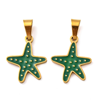 316 Surgical Stainless Steel Pendants, with Enamel, Starfish Charm, Golden, Dark Green, 15x13x1mm, Hole: 5x5.5mm