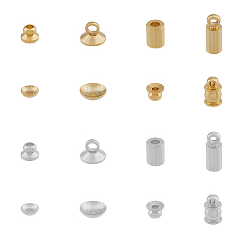 64Pcs 16 Style Brass Cord Ends & End Caps, Long-Lasting Plated, Mixed Color, 4~9x1.5~5mm, Hole: 1~2mm, 4Pcs/color