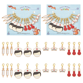 Nurse Theme Pendant Stitch Markers, Alloy Enamel Crochet Lobster Clasp Charms, Locking Stitch Marker with Wine Glass Charm Ring, Mixed Shapes, Mixed Color, 2.7~4.6cm, 4 style, 3pcs/style, 12pcs/set