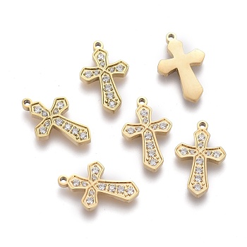 316 Surgical Stainless Steel Cubic Zirconia Tiny Cross Charms, Religion, Golden, 13.5x8.5x1.5mm, Hole: 1mm