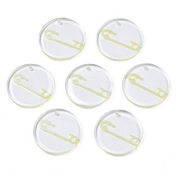 Transparent Resin Pendants, with Glitter Powder, Flat Round with Pin, Yellow, 24.5x2.5~3mm, Hole: 1.4mm