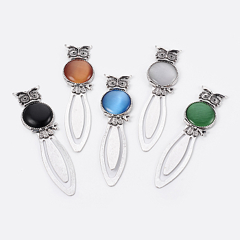 Tibetan Style Alloy Bookmarks, with Cat Eye Cabochons, Owl, Antique Silver, 87.5x22.5x6mm, Fit for 1mm Rhinestone