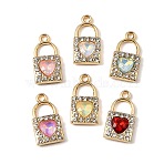 UV Plating Alloy Glass Pendants, Heart Lock Charm, with Rhinestone, Faceted, Mixed Color, Golden, 19.5x10.5x3.5mm, Hole: 1.9mm(FIND-K032-30G)