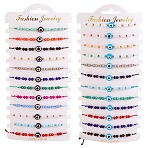 Adjustable Waxed Cord Braided Bead Bracelets, with Rhinestone & Acrylic Beads, Evil Eye, Mixed Color, Inner Diameter: 7/8 inch(2.3cm), 12pcs/card, 2 cards, 24pcs/set(BJEW-SZC0001-03B)
