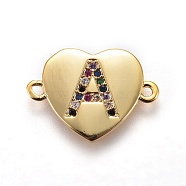Brass Micro Pave Cubic Zirconia Links, Heart with Letter, Colorful, Golden, Letter.A, 14~14.5x19.5~20x1.5mm, Hole: 1.5mm(ZIRC-F093-55G-A)