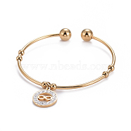304 Stainless Steel Charm Bangles, Cuff Bangles, Torque Bangles, with Polymer Clay Rhinestone and Round Beads, Flat Round with Infinity, Golden, 2-1/4 inchx2 inch(5.7x5cm)(BJEW-L664-005G)
