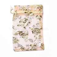 Organza Drawstring Jewelry Pouches, Wedding Party Gift Bags, Rectangle with Gold Stamping Rose Pattern, PeachPuff, 15x10x0.11cm(OP-I001-C09)