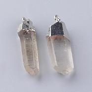 Plated Natural Quartz Crystal Pendants, with Brass Findings, Nuggets, Platinum, 38~48x8~16x6~13mm, Hole: 2.5mm(G-S240-17)