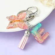 Resin & Acrylic Keychains, with Alloy Split Key Rings and Faux Suede Tassel Pendants, Letter & Butterfly, Letter E, 8.6cm(KEYC-YW00002-05)