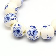Handmade Flower Printed Porcelain Ceramic Beads Strands, Round, Royal Blue, 10mm, Hole: 2mm, about 35pcs/strand, 13.5 inch(PORC-M007-10mm-15)