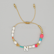 Initial Letter Natural Pearl Braided Bead Bracelet, Adjustable Bracelet, Letter N, 11 inch(28cm)(LO8834-14)