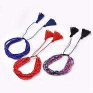 Adjustable Glass Seed Beads Braided Bead Bracelets, Multi-strand Bracelets, with Nylon Thread and Cotton Thread Tassel, Mixed Color, 1-3/4 inch~3-1/8 inch(4.4~7.9cm)(BJEW-JB04777)