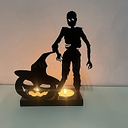 Halloween Theme Iron Candle Holder, Round Tealight Candlestick, Skull, 6x14x17.5cm(HAWE-PW0001-266F)