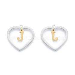 201 Stainless Steel Pendants, Hollow, Heart with Letter A~Z, Real Gold Plated & Stainless Steel Color, Letter.J, 29x29.5x1mm, Hole: 2mm, A~Z: 12x8~10.5x1mm(STAS-N090-LA894-J-P)