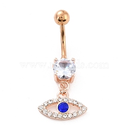 Evil Eye Drop Belly Button Rings for Women, 316 Surgical Stainless Steel Rhinestone Navel Rings, Belly Piercing Jewelry, Light Sapphire, Rose Gold, 36mm, Pin: 2mm(AJEW-C010-01RG)