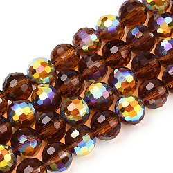 Transparent Electroplate Glass Beads Strands, Faceted, Half AB Color Plated, Round, Saddle Brown, 8x7~7.5mm, Hole: 1.0mm, about 71~72 pcs/strand, 20.20~21.85 inch(51.3~55.5cm)(EGLA-N012-001-B08)