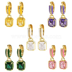 Rack Plating Real 18K Gold Plated Brass Enamel Rectangle Dangle Hoop Earrings, with Cubic Zirconia, Lead Free & Cadmium Free, Mixed Color, 28x9.5mm(EJEW-K245-50G)