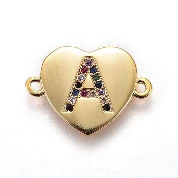 Brass Micro Pave Cubic Zirconia Links, Heart with Letter, Colorful, Golden, Letter.A, 14~14.5x19.5~20x1.5mm, Hole: 1.5mm