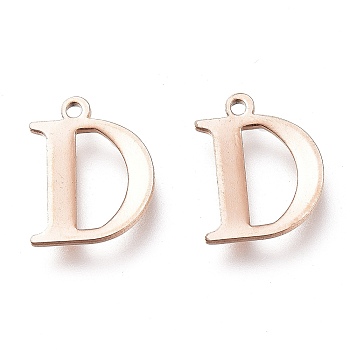 Vacuum Plating  304 Stainless Steel Charms, Laser Cut, Alphabet, Rose Gold, Letter.D, 12x9.5x0.8mm, Hole: 1mm