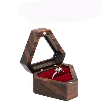 Triangle Wood Ring Display Box, Magnetic Jewelry Portable Storage Ring Case with Visible Winbow and Velvet Inside, FireBrick, 5.7x4.9x3.7cm
