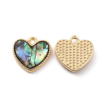 Brass Paua Shell Pendants, Heart Charms, Real 18K Gold Plated, 13x13x2.5mm, Hole: 1.6mm