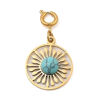Natural Green Turquoise Flat Round Pendants Decorations, with 304 Stainless Steel Spring Ring Clasps, Golden, 29.5mm