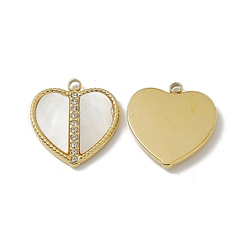 Shell Pendants, Heart Charms, with Vacuum Plating 201 Stainless Steel Crystal Rhinestone Findings, Real 18K Gold Plated, 16x15x2mm, Hole: 1.5mm