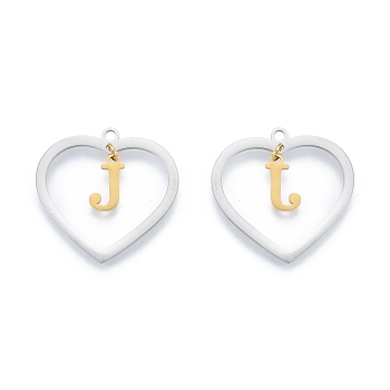 201 Stainless Steel Pendants, Hollow, Heart with Letter A~Z, Real Gold Plated & Stainless Steel Color, Letter.J, 29x29.5x1mm, Hole: 2mm, A~Z: 12x8~10.5x1mm