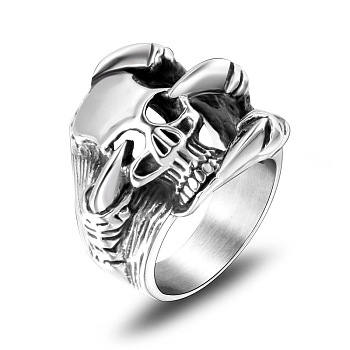 Titanium Steel Skull with Claw Finger Ring, Gothic Punk Jewelry for Men Women, Stainless Steel Color, US Size 12(21.4mm)