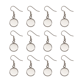 Stainless Steel Earring Hooks, with Blank Pendant Trays, Flat Round Setting for Cabochon, Stainless Steel Color, Tray: 12mm, 34mm