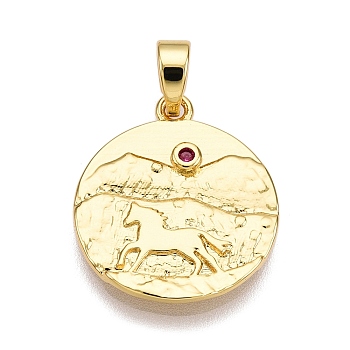 Brass Micro Pave Cubic Zirconia Pendants, Flat Round with Horse Charms, Real 18K Gold Plated, 18x16x2mm, Hole: 3x4.5mm