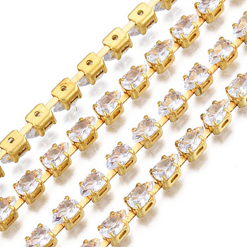 Teardrop Cubic Zirconia Strass Chains, Gold Plated Brass Link Chains, Soldered, with Spool, Clear, 3.5mm, about 16.40 Feet(5m)/Roll