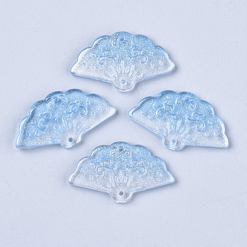 Transparent Spray Painted Glass Pendants, with Single Face Glitter Powder, Fan, Light Sky Blue, 20x34.5x3.5mm, Hole: 1.2mm