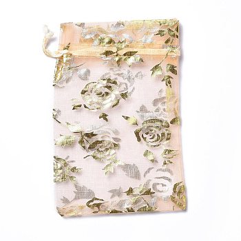 Organza Drawstring Jewelry Pouches, Wedding Party Gift Bags, Rectangle with Gold Stamping Rose Pattern, PeachPuff, 15x10x0.11cm