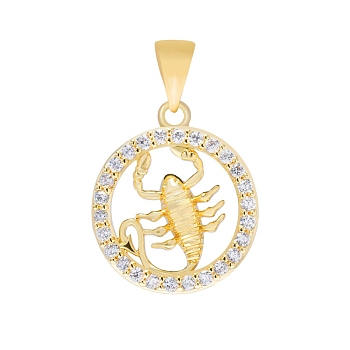 Brass Micro Pave Cubic Zirconia Pendants, Flat Round with Constellation Charm, Real 18K Gold Plated, Scorpio, 16mm