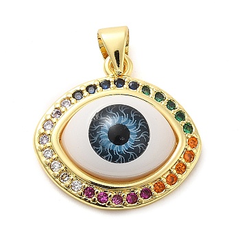 Real 18K Gold Plated Brass Pendants, with Glass and Acrylic, Evil Eye, 19x19x6.5mm, Hole: 5x3.5mm