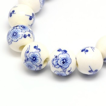 Handmade Flower Printed Porcelain Ceramic Beads Strands, Round, Royal Blue, 10mm, Hole: 2mm, about 35pcs/strand, 13.5 inch