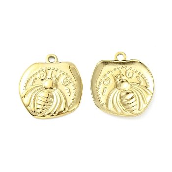 304 Stainless Steel Pendants, Nuggets with Bees Charms, Real 14K Gold Plated, 19x17.5x2.3mm, Hole: 1.6mm