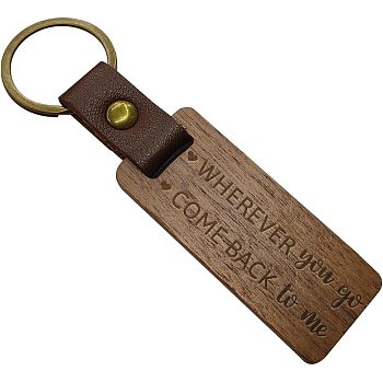 Walnut Wood Keychain, Key Chain Tags, Wood Photo Keychains for DIY Gift, with Alloy Key Ring, Word, 110~115x25~27mm