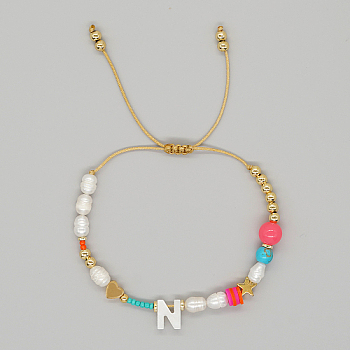 Initial Letter Natural Pearl Braided Bead Bracelet, Adjustable Bracelet, Letter N, 11 inch(28cm)