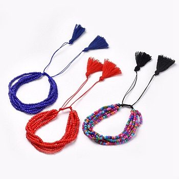 Adjustable Glass Seed Beads Braided Bead Bracelets, Multi-strand Bracelets, with Nylon Thread and Cotton Thread Tassel, Mixed Color, 1-3/4 inch~3-1/8 inch(4.4~7.9cm)