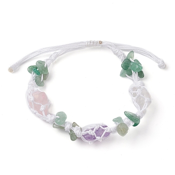 Dyed Natural Quartz Crystal & Green Aventurine Nugget Braided Bead Bracelets, Macrame Pouch Adjustable Bracelet, Colorful, Inner Diameter: 2-1/2~4 inch(6.5~10cm)