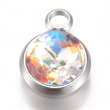 Glass Charms, Faceted, with 304 Stainless Steel Findings, Flat Round, Colorful, 14x10x6.5mm, Hole: 2.5mm