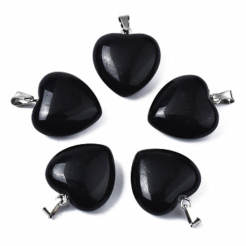 Natural Obsidian Pendants, with Stainless Steel Snap On Bails, Heart, Stainless Steel Color, 22x20x9mm, Hole: 6x2mm