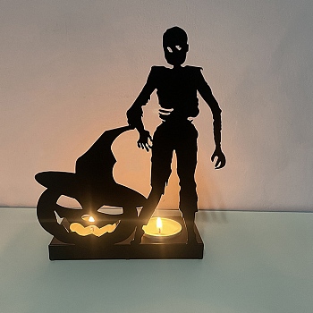 Halloween Theme Iron Candle Holder, Round Tealight Candlestick, Skull, 6x14x17.5cm
