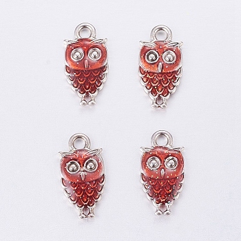 Alloy Enamel Pendants, Cadmium Free & Lead Free, Owl, for Halloween, Antique Silver Metal Color, Red, 18.5x9.5x2.5mm