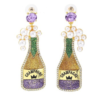 Carnival Theme Glitter Zinc Alloy Champagne Winebottle Dangle Stud Earrings, Long Drop Earrings with Plastic Pearl Beaded, Colorful, 68x21mm