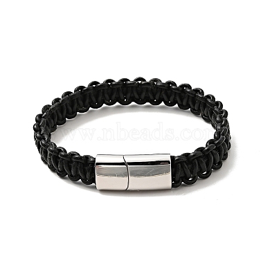 Black Leather Braided Cord Bracelet with 304 Stainless Steel Magnetic Clasp for Men Women(BJEW-C021-17)-2